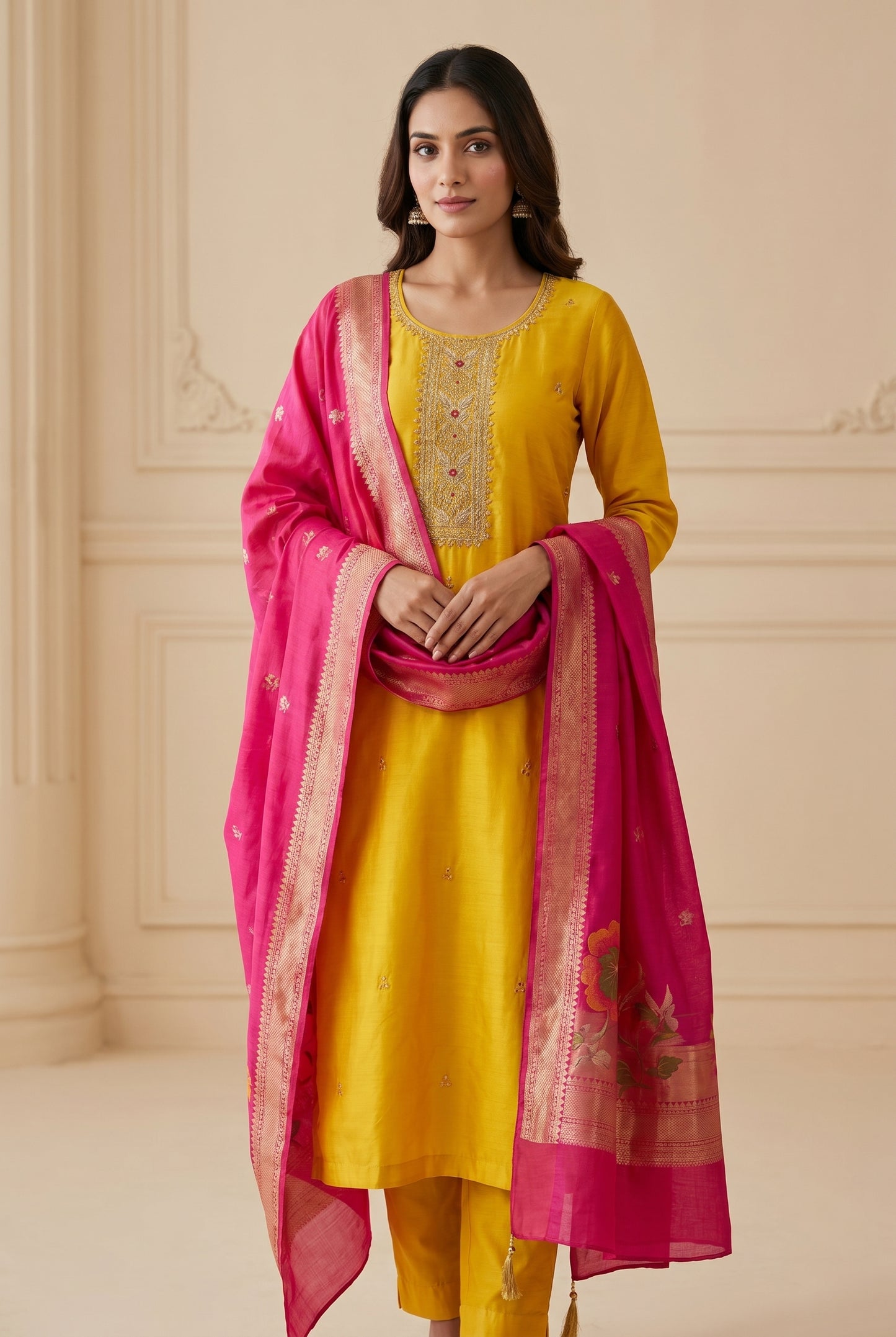 Yellow Dola silk Kurti with rani pink dupatta