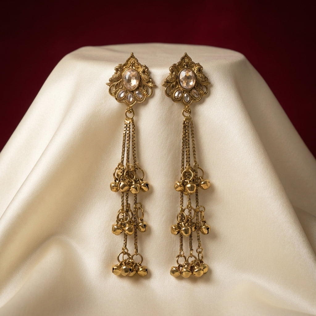 Antique gold-plated Kundan tassel earrings with cascading ghungroo bells and filigree scrollwork tops — Behuli Australia — view 2
