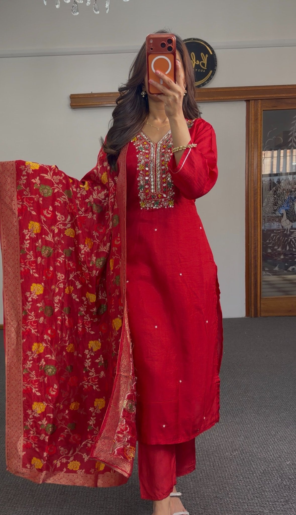 Red raw silk kurti set with mirror work and kundan neckline embroidery, floral Banarasi dupatta — Behuli Australia