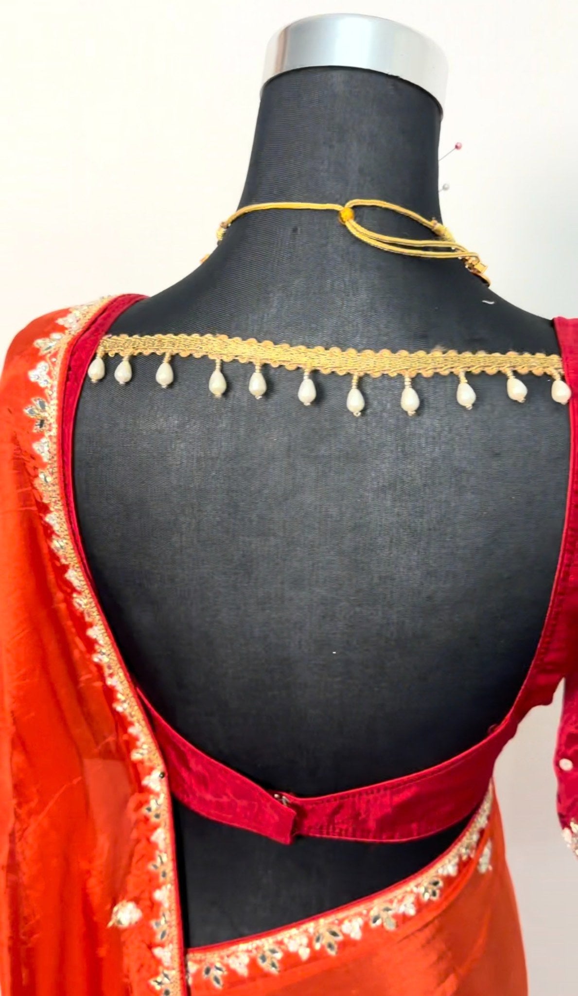 Vermillion pure silk saree with gold zari border, floral buti embroidery and matching deep crimson blouse — Behuli Australia — view 3