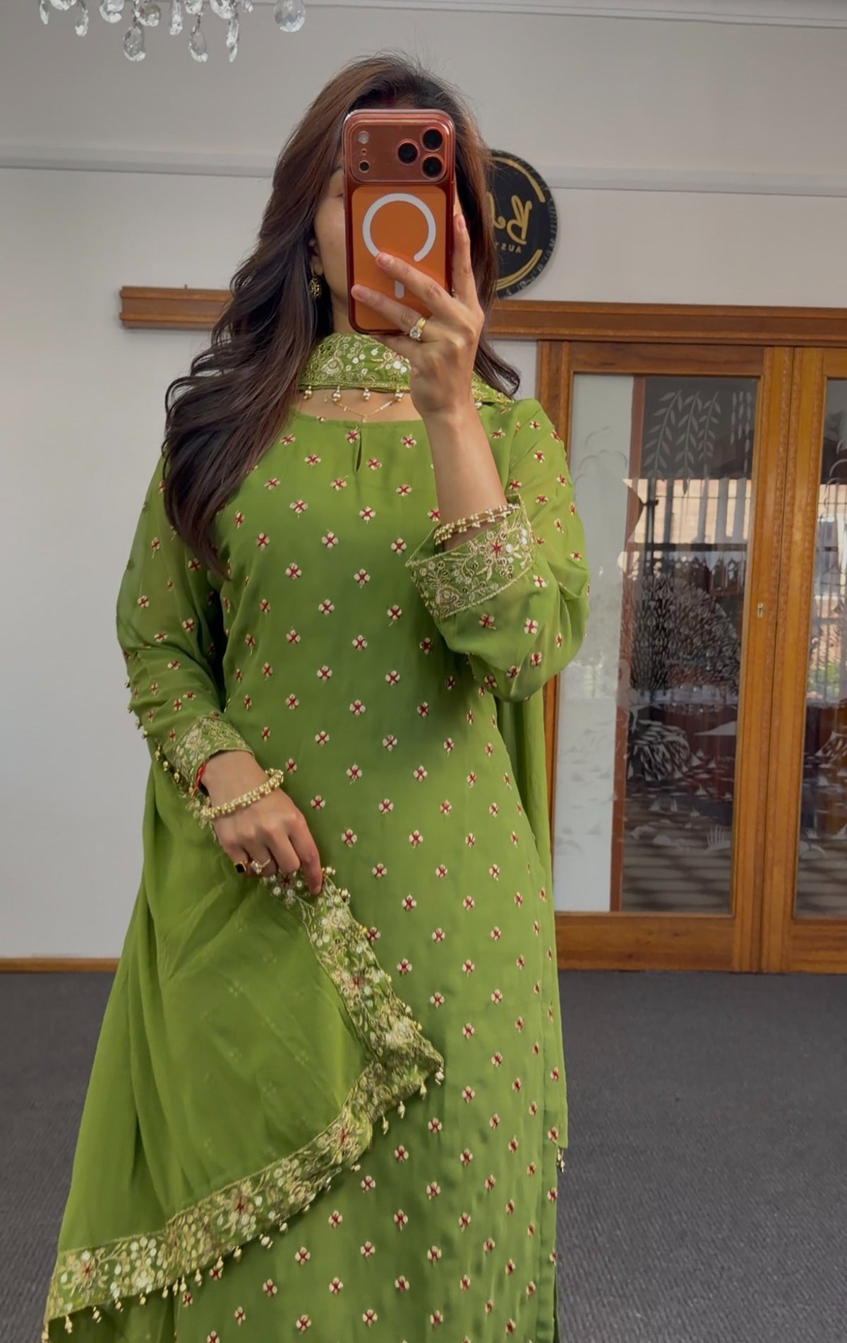 Olive green georgette kurti set with gold zari border, resham floral buti embroidery, beadwork and matching dupatta — Behuli — view 6