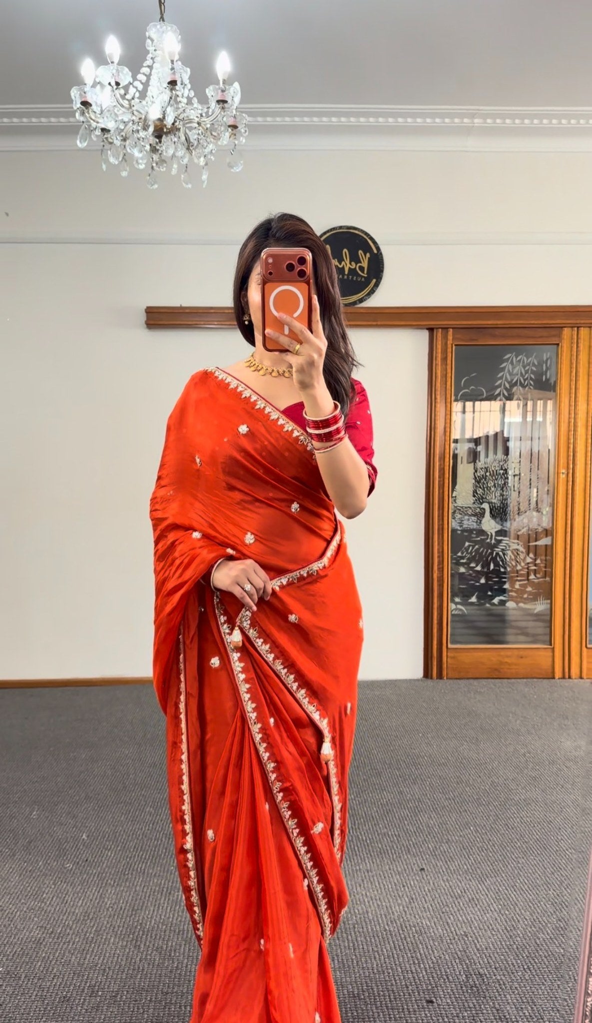 Vermillion pure silk saree with gold zari border, floral buti embroidery and matching deep crimson blouse — Behuli Australia