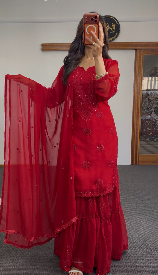 Deep red georgette sharara set with resham thread and sequin embroidery, full sleeves, and matching dupatta — Behuli — view 2