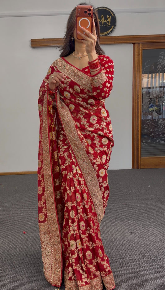 Deep red Khaddi Georgette saree with all-over gold zari floral jaal embroidery and matching full-sleeve blouse — Behuli — view 2