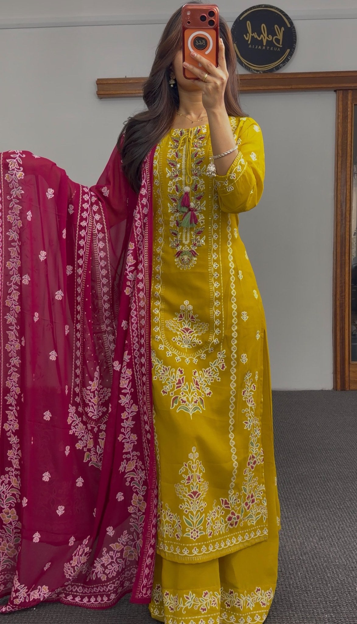 Mustard yellow kurti set with floral embroidery, tassel neckline detail and fuchsia pink embroidered dupatta — Behuli