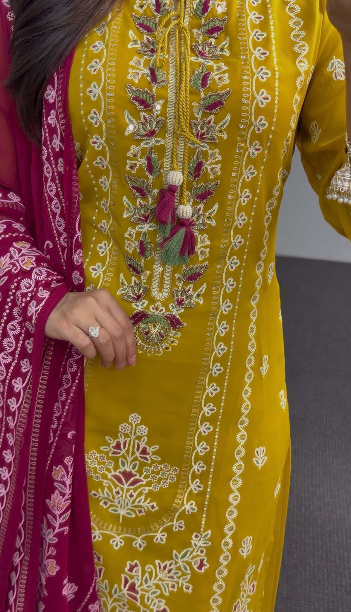 Mustard yellow kurti set with floral embroidery, tassel neckline detail and fuchsia pink embroidered dupatta — Behuli — view 2