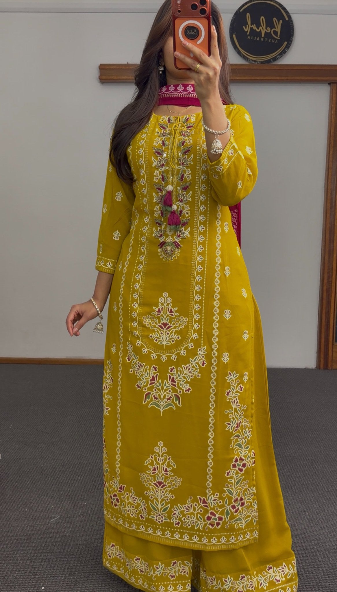 Mustard yellow kurti set with floral embroidery, tassel neckline detail and fuchsia pink embroidered dupatta — Behuli — view 3