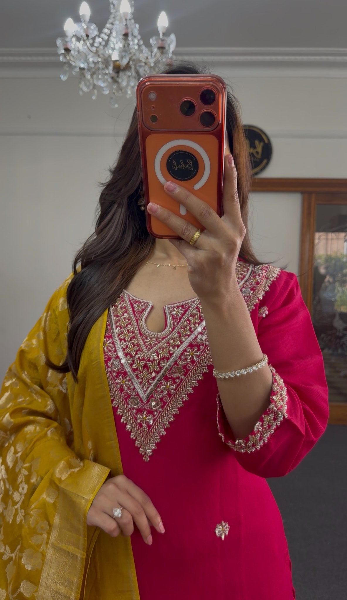 Fuchsia kurti set with silver zari embroidery, kundan accents and mustard woven dupatta — Behuli Australia — view 2