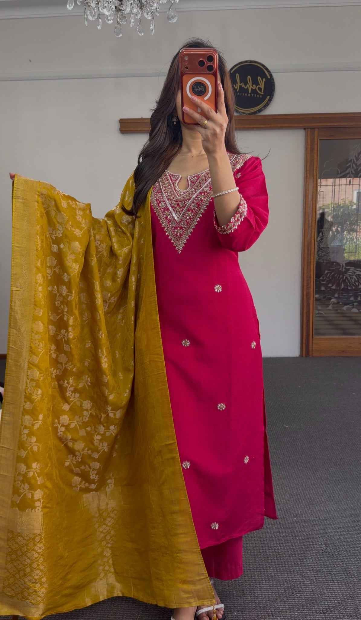 Fuchsia kurti set with silver zari embroidery, kundan accents and mustard woven dupatta — Behuli Australia — view 3