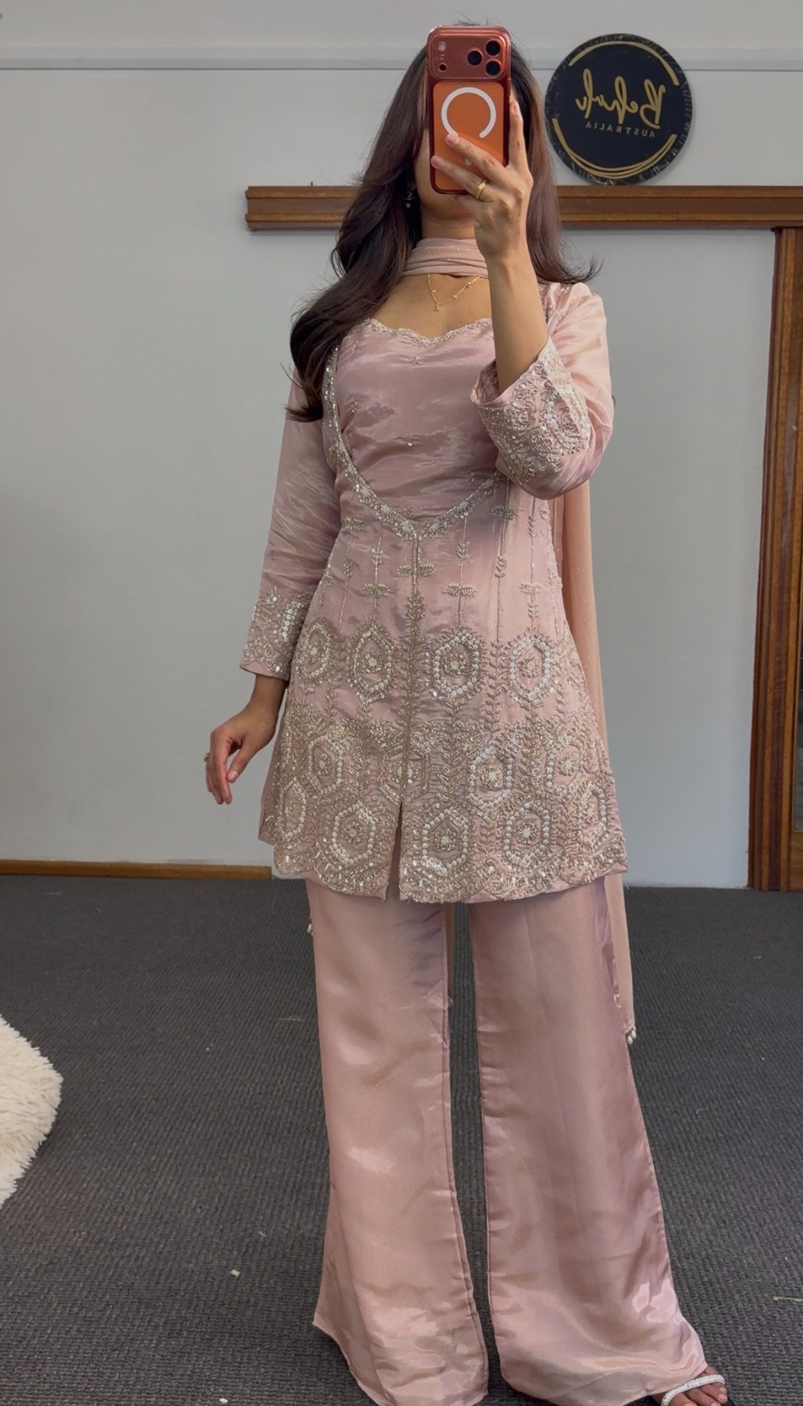 Blush pink kurti set with sequin and beadwork embroidery, scalloped hem, matching dupatta and flowing trousers