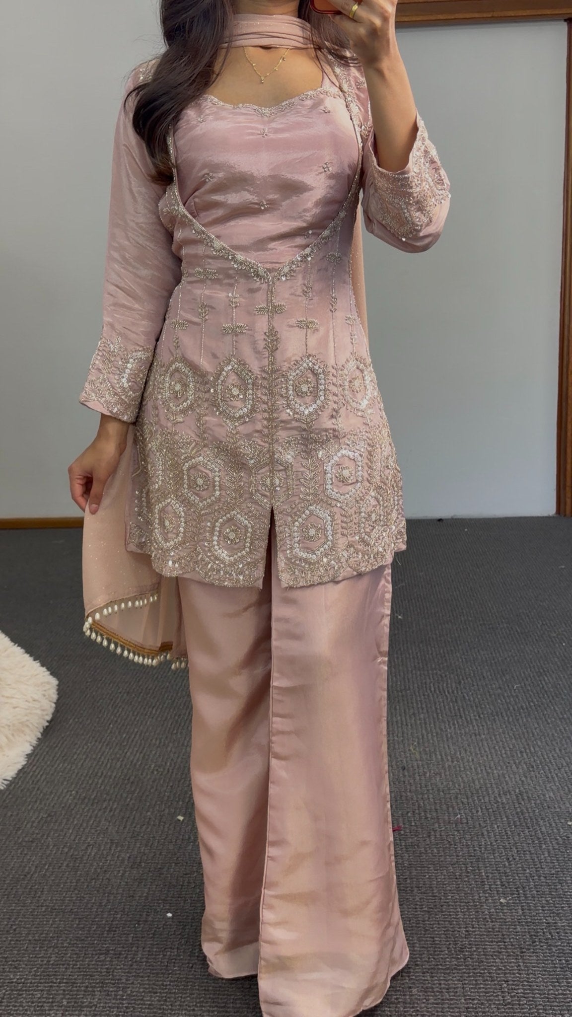 Blush pink kurti set with sequin and beadwork embroidery, scalloped hem, matching dupatta and flowing trousers — view 2