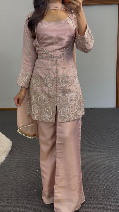 Blush pink kurti set with sequin and beadwork embroidery, scalloped hem, matching dupatta and flowing trousers — view 2