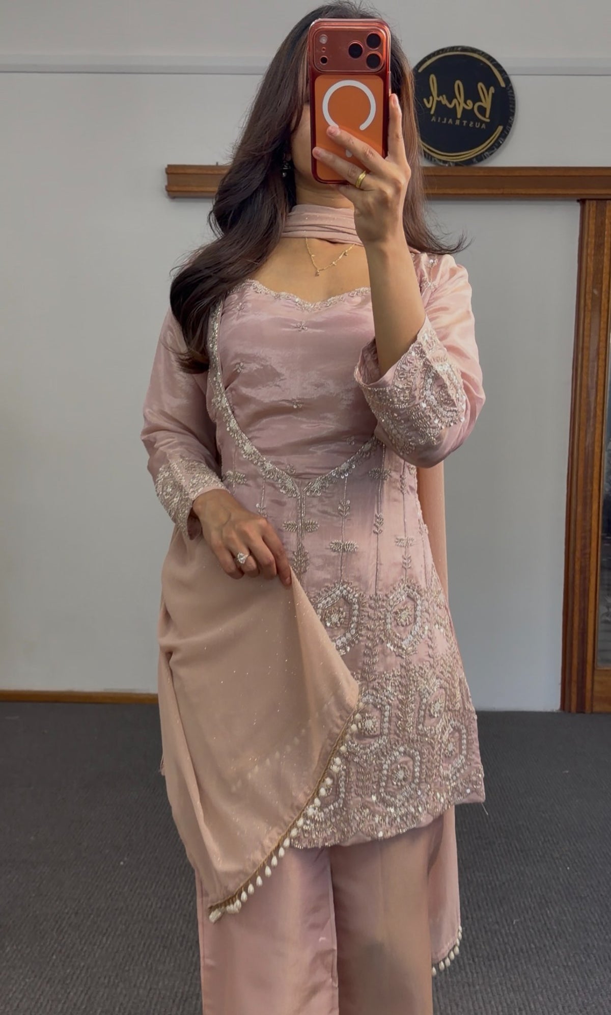 Blush pink kurti set with sequin and beadwork embroidery, scalloped hem, matching dupatta and flowing trousers — view 3