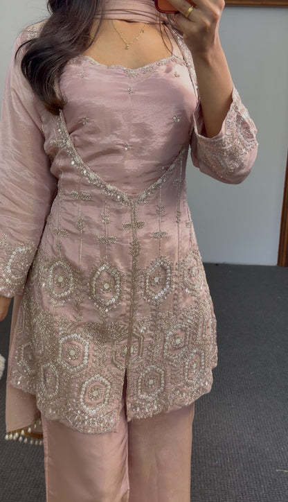 Blush pink kurti set with sequin and beadwork embroidery, scalloped hem, matching dupatta and flowing trousers — view 4
