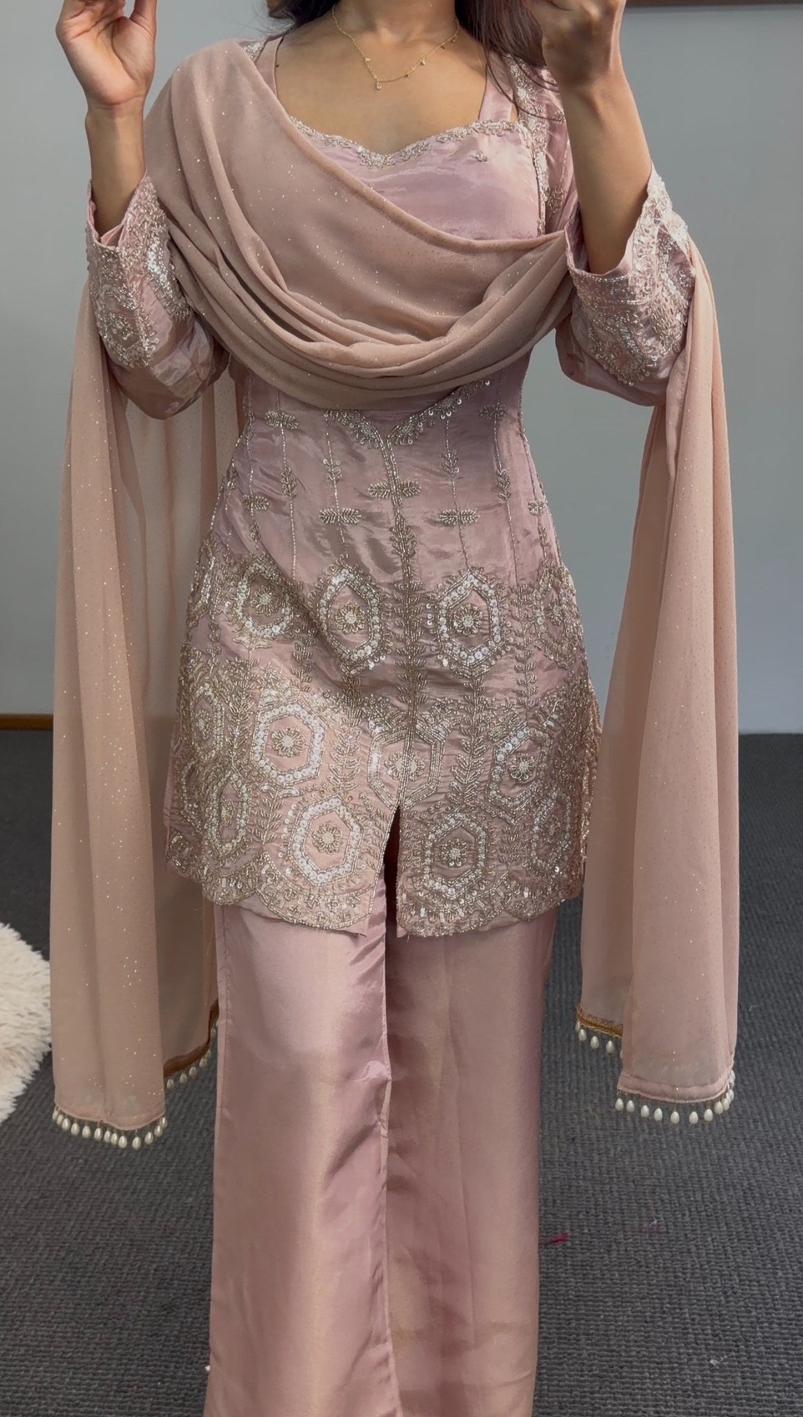 Blush pink kurti set with sequin and beadwork embroidery, scalloped hem, matching dupatta and flowing trousers — view 5