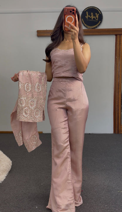 Blush pink kurti set with sequin and beadwork embroidery, scalloped hem, matching dupatta and flowing trousers — view 6