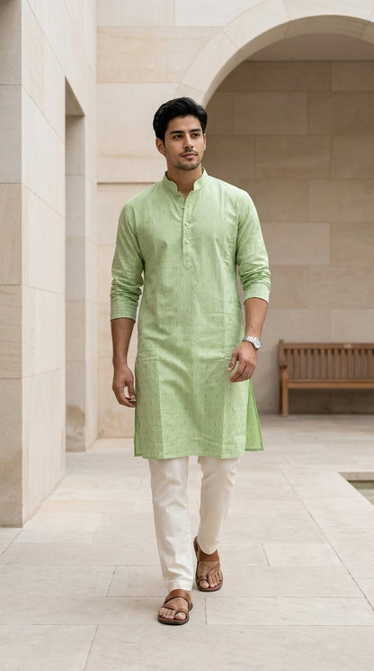 Sage green textured men's kurti with mandarin collar worn with ivory pants and brown sandals — Behuli Australia