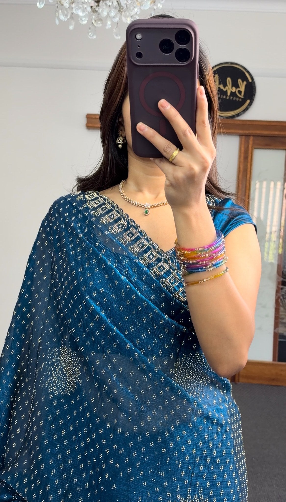 Teal bandhani print saree with sequin embroidery and embellished border draped elegantly — Behuli Australia — view 3