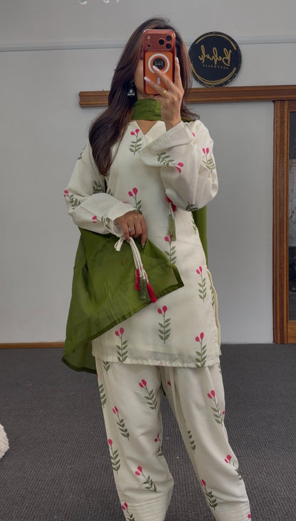 Ivory floral sprig print kurti set with olive green dupatta and matching trousers — Behuli Australia