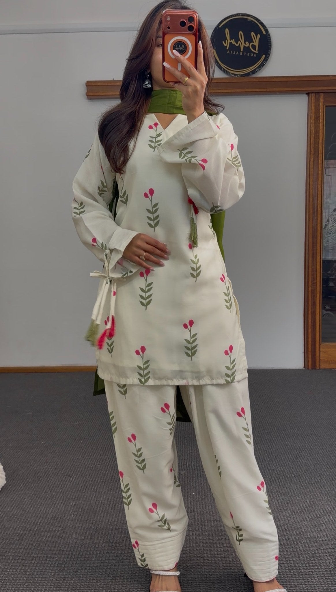 Ivory floral sprig print kurti set with olive green dupatta and matching trousers — Behuli Australia — view 2