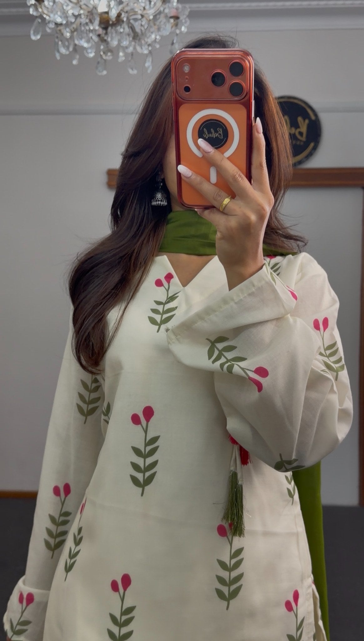Ivory floral sprig print kurti set with olive green dupatta and matching trousers — Behuli Australia — view 3