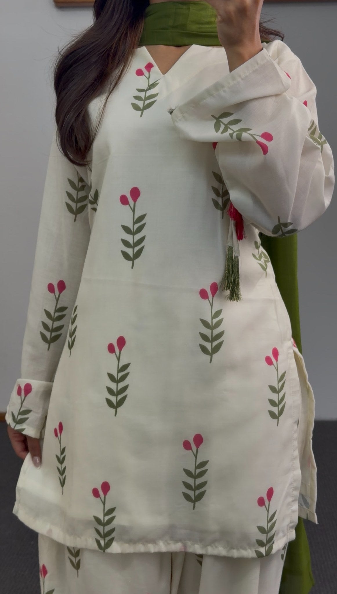 Ivory floral sprig print kurti set with olive green dupatta and matching trousers — Behuli Australia — view 4