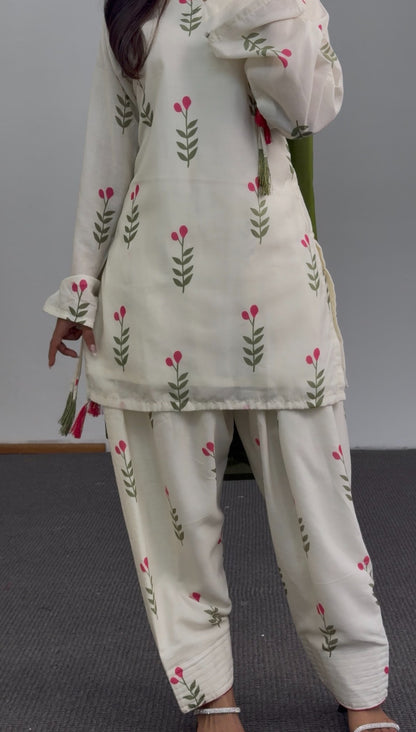 Ivory floral sprig print kurti set with olive green dupatta and matching trousers — Behuli Australia — view 5