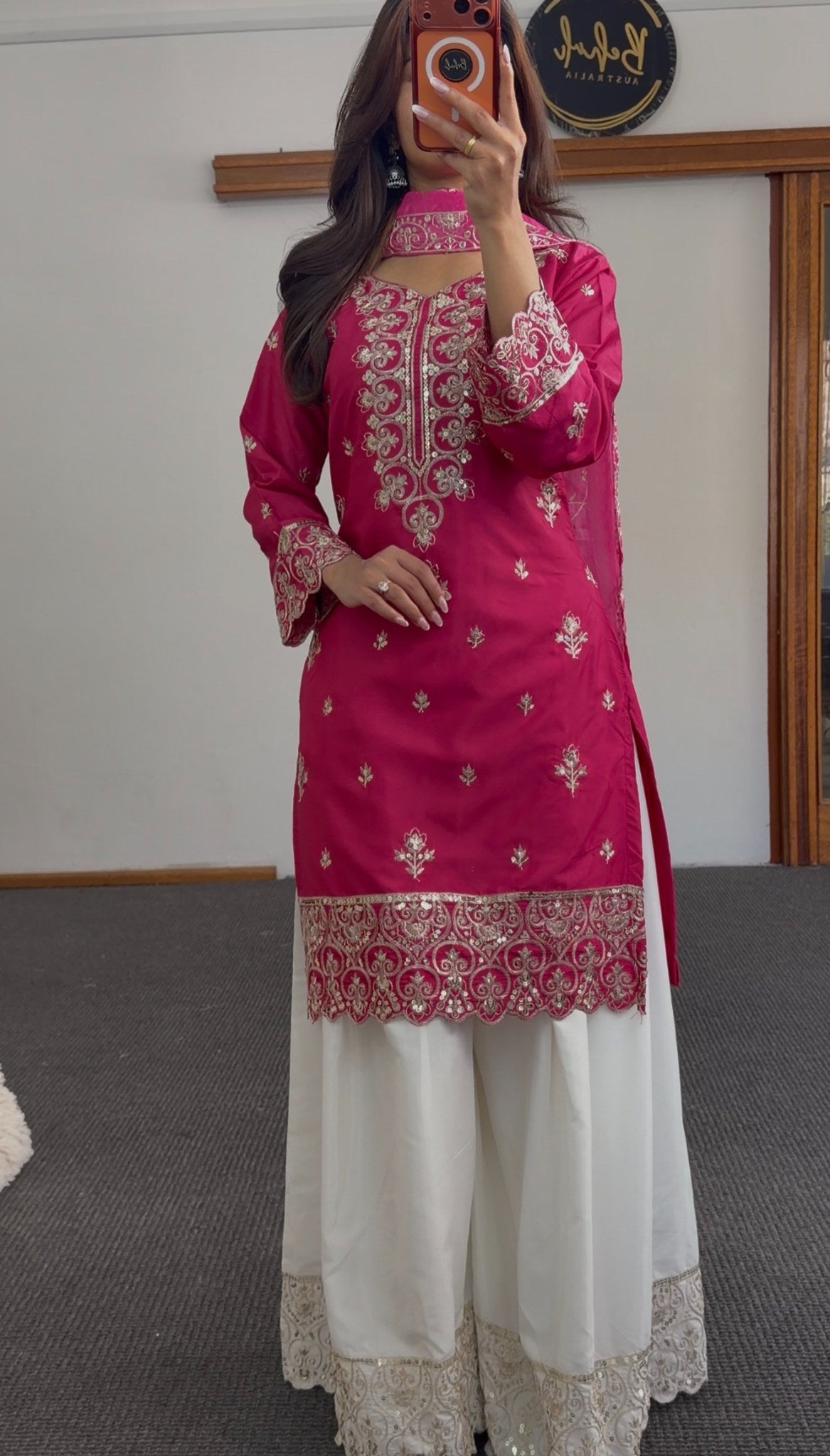 Fuchsia embroidered kurta with ivory palazzo pants, zari border detailing and sheer fuchsia dupatta — Behuli Australia — view 2