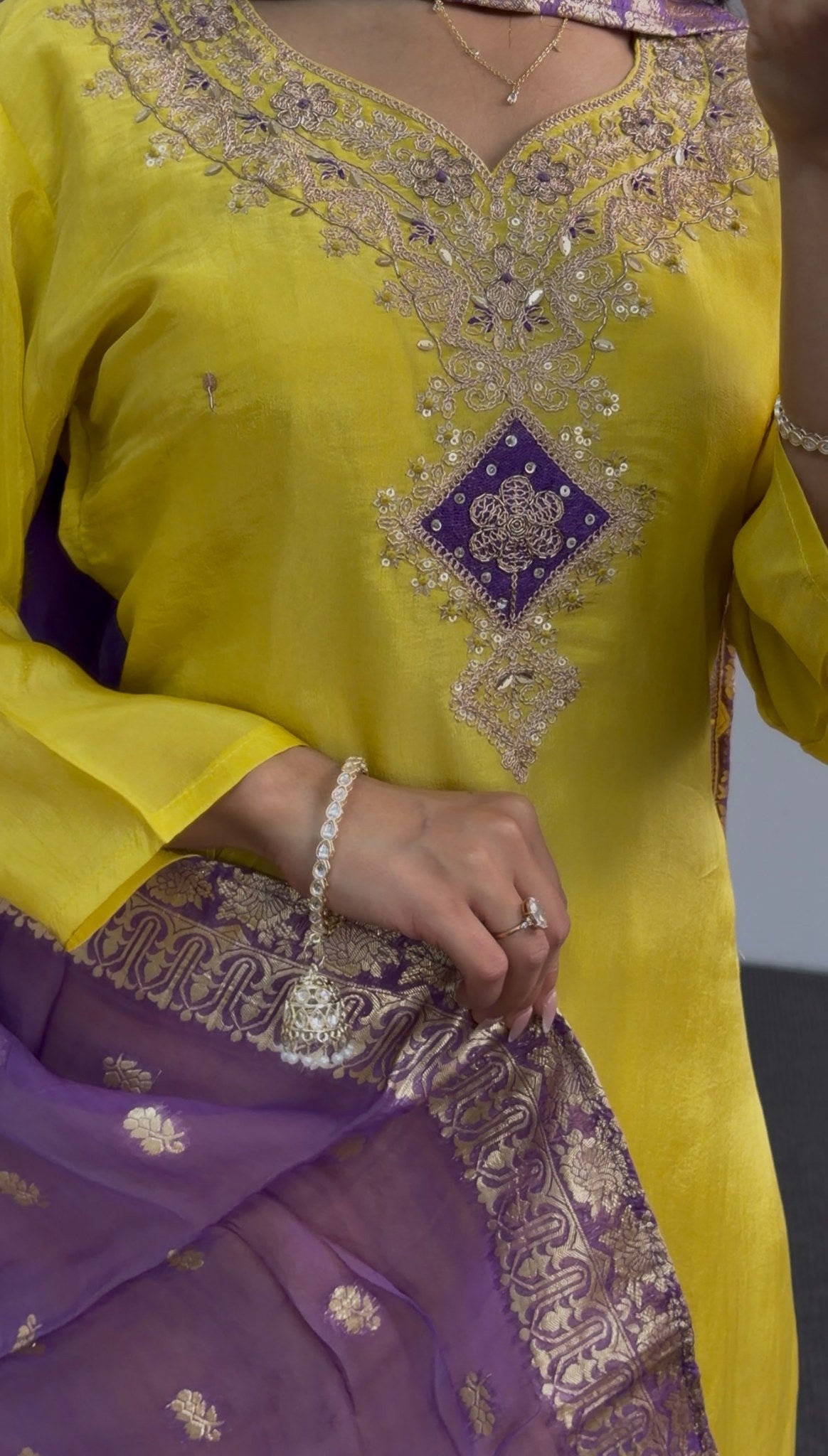 Mustard yellow straight kurti set with silver zari chest embroidery and royal purple woven dupatta — Behuli Australia — view 2