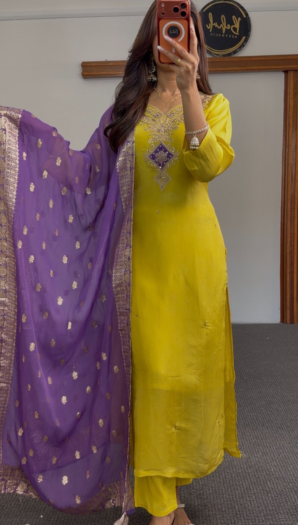 Mustard yellow straight kurti set with silver zari chest embroidery and royal purple woven dupatta — Behuli Australia — view 3