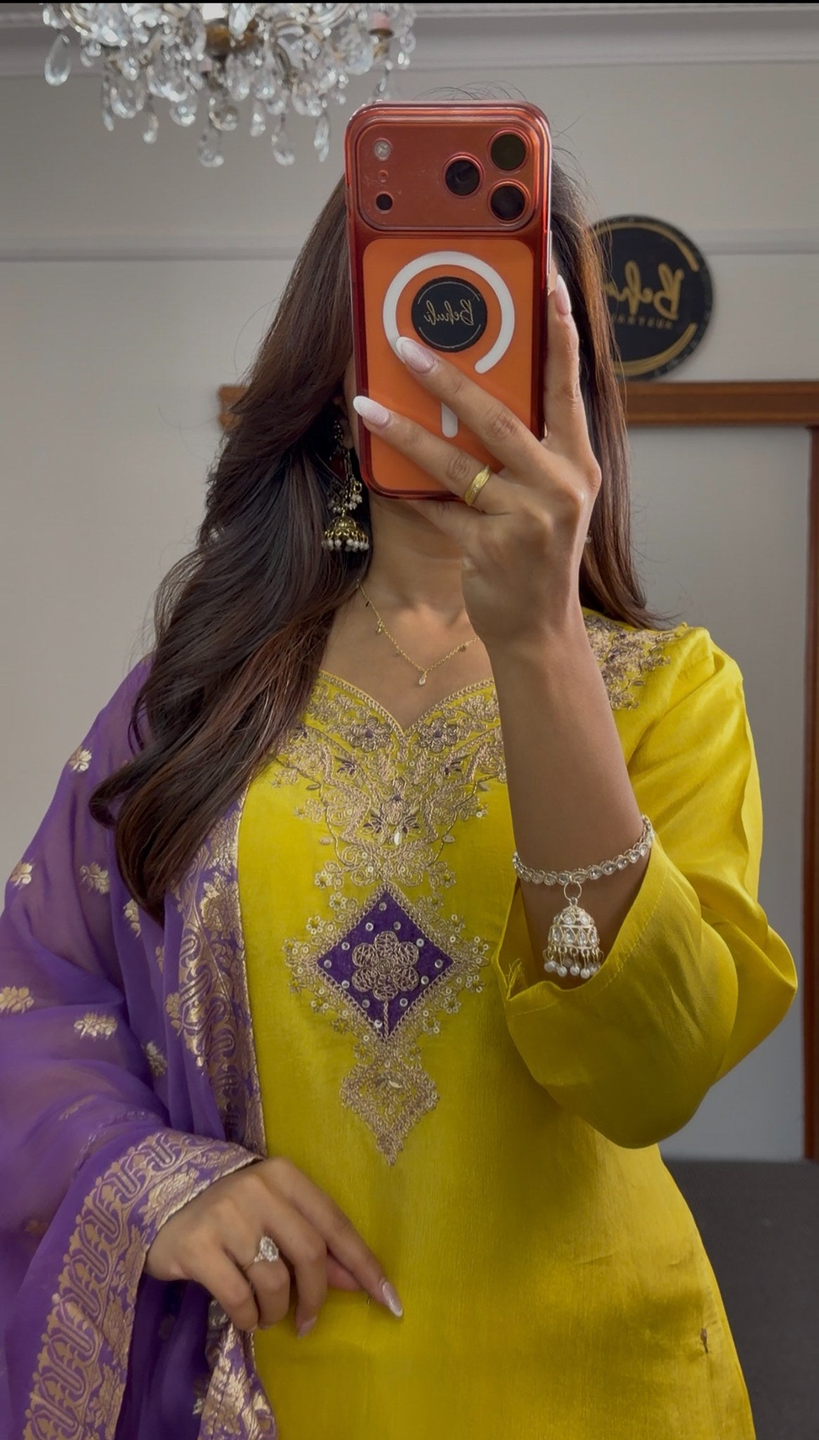 Mustard yellow straight kurti set with silver zari chest embroidery and royal purple woven dupatta — Behuli Australia — view 4