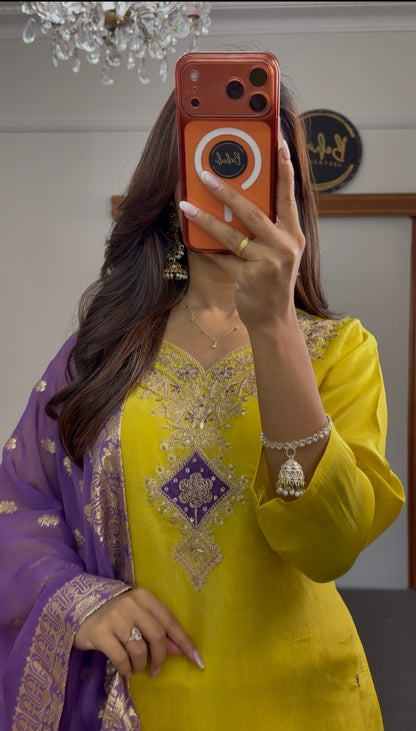 Mustard yellow straight kurti set with silver zari chest embroidery and royal purple woven dupatta — Behuli Australia — view 4