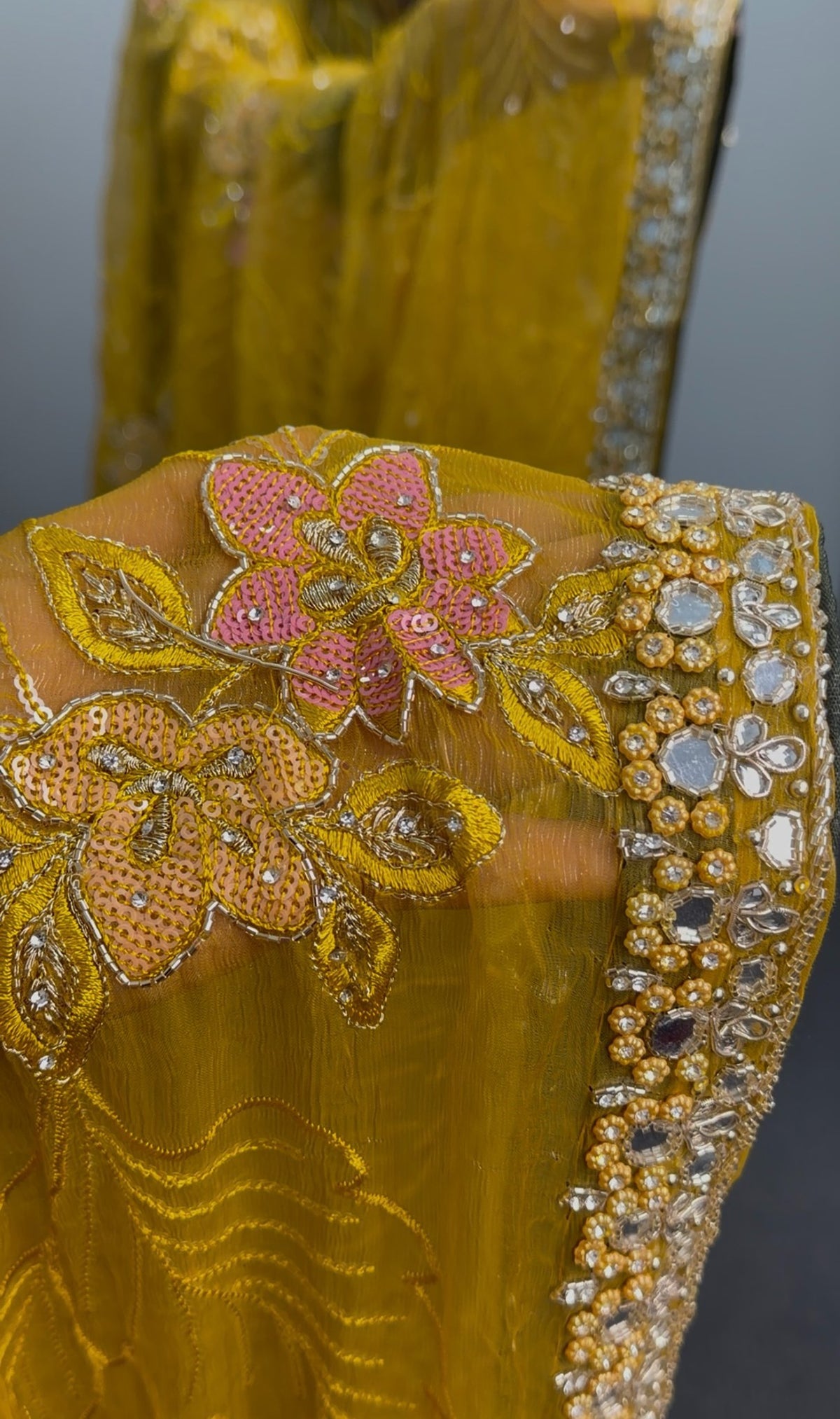 Mustard yellow saree with floral embroidery and sequin border worn with a green embellished blouse — Behuli Australia — view 6