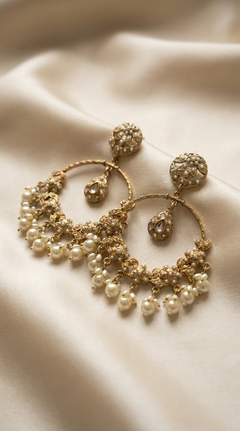Gold-toned chandbali hoop earrings with ivory pearl drops and filigree floral detailing on cream silk fabric — Behuli