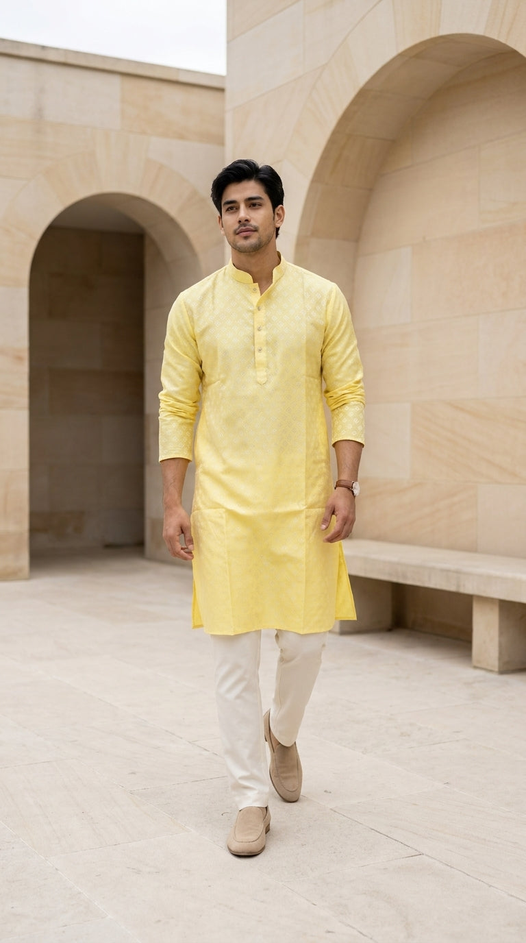 Yellow jacquard-patterned men's kurti with mandarin collar and button placket, paired with cream trousers