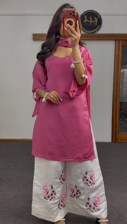 Rose pink straight kurti set with ivory white palazzo pants featuring floral and butterfly embroidery and matching dupatta —