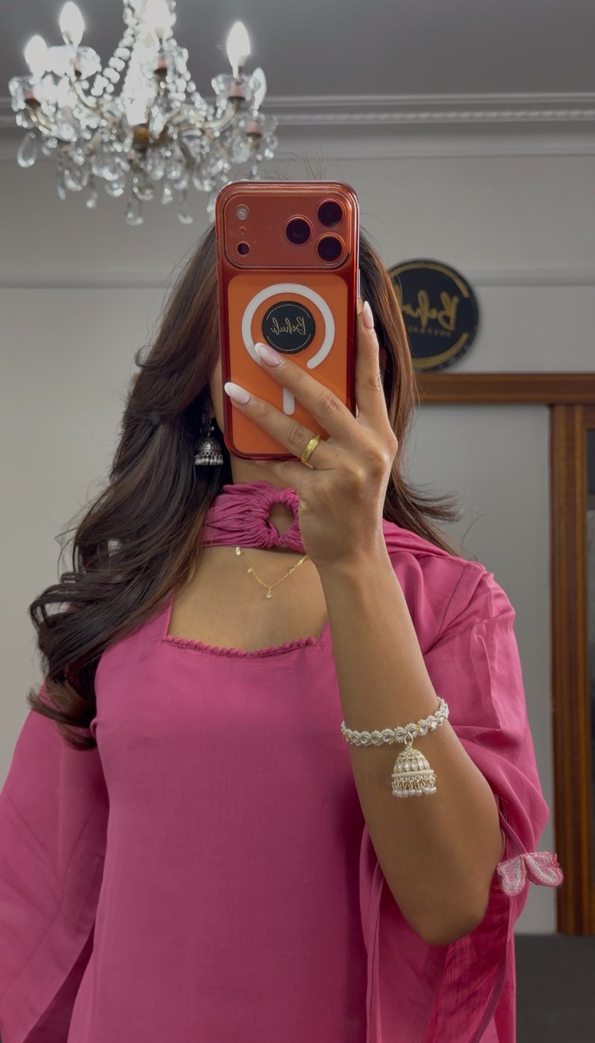 Rose pink straight kurti set with ivory white palazzo pants featuring floral and butterfly embroidery and matching dupatta — — view 2