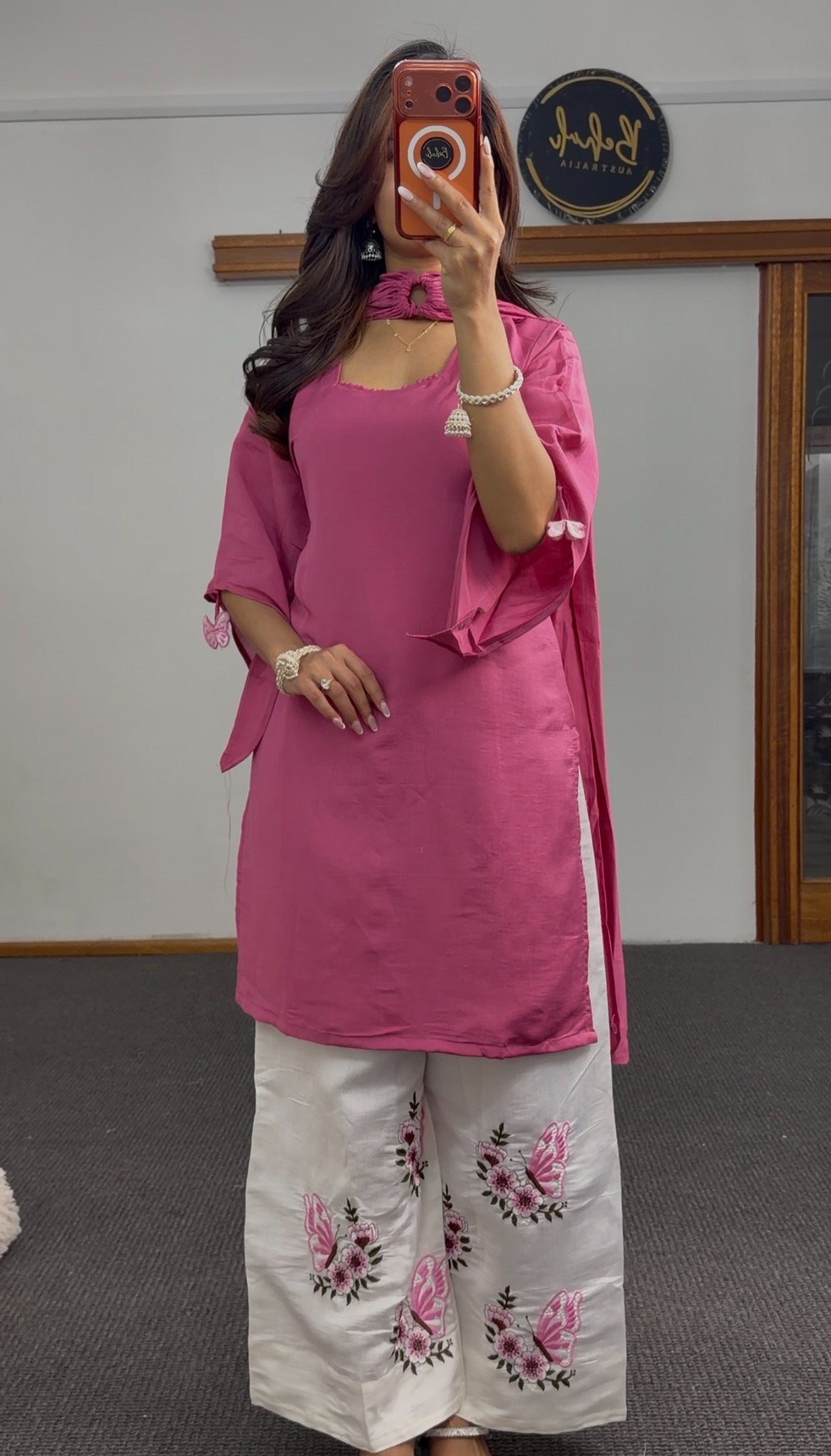Rose pink straight kurti set with ivory white palazzo pants featuring floral and butterfly embroidery and matching dupatta — — view 4