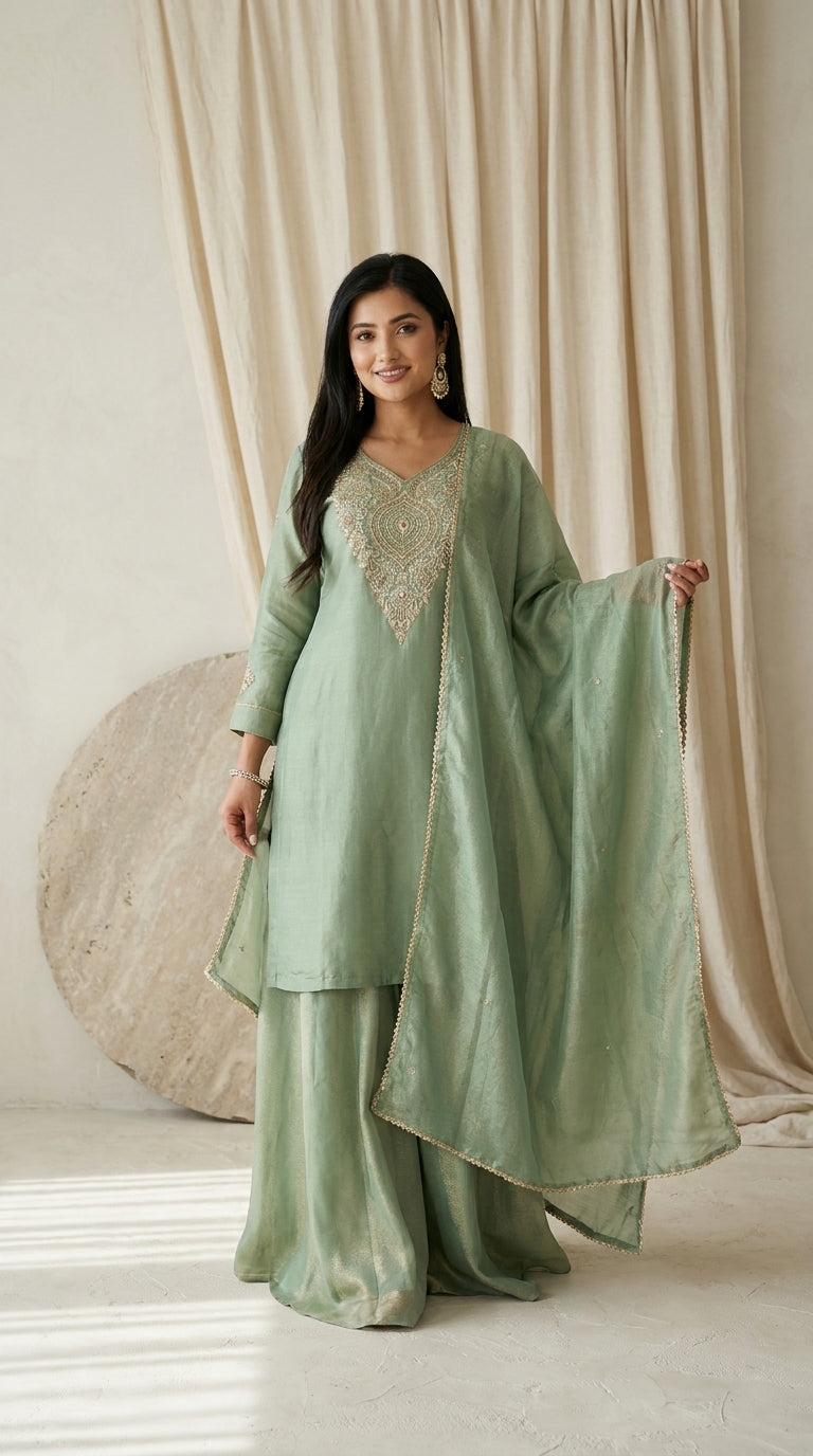 Sage green shimmer tissue silk palazzo suit set with gold embroidered neckline and matching dupatta — Behuli Australia