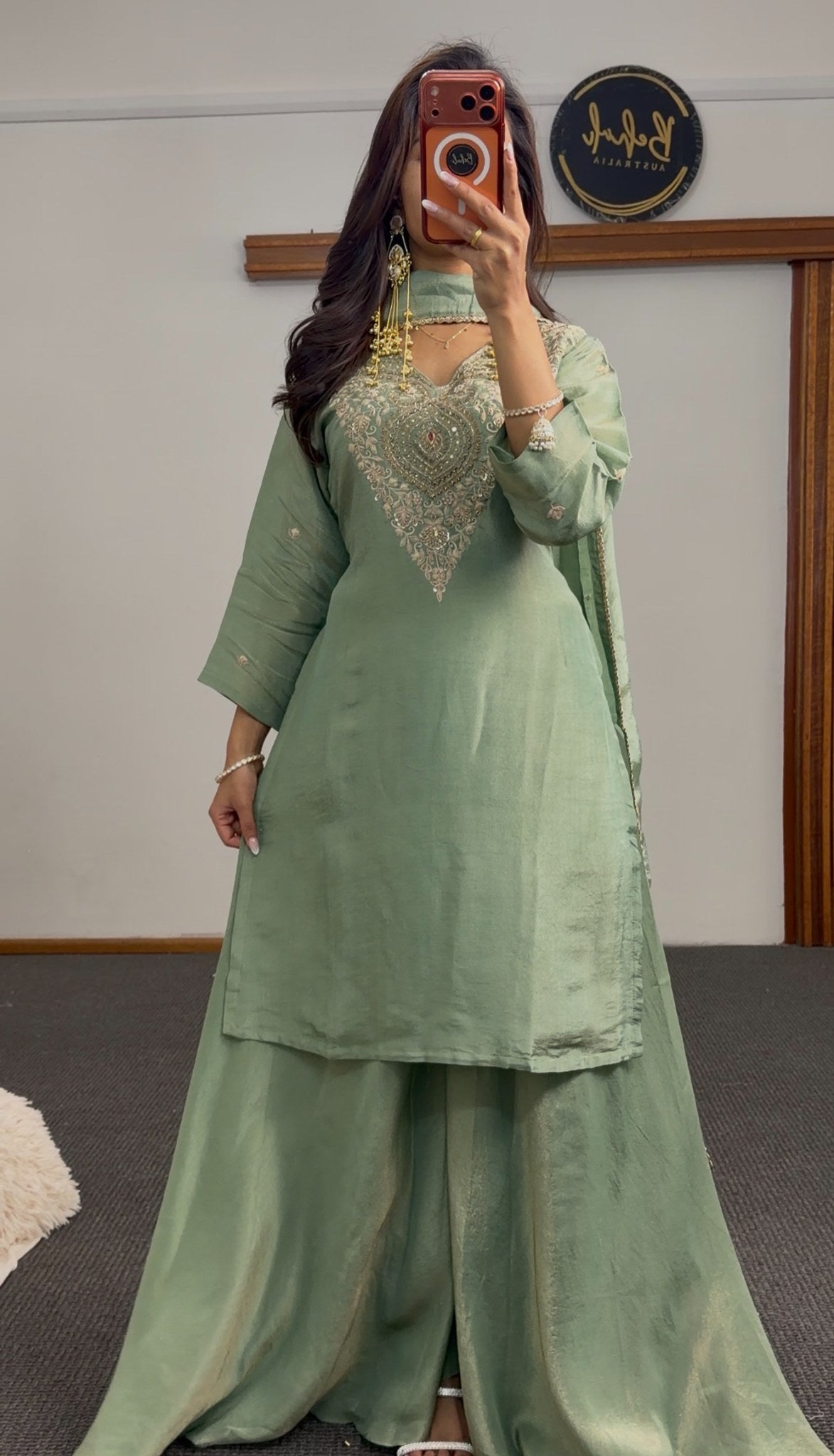 Sage green shimmer tissue silk palazzo suit set with gold embroidered neckline and matching dupatta — Behuli Australia — view 2
