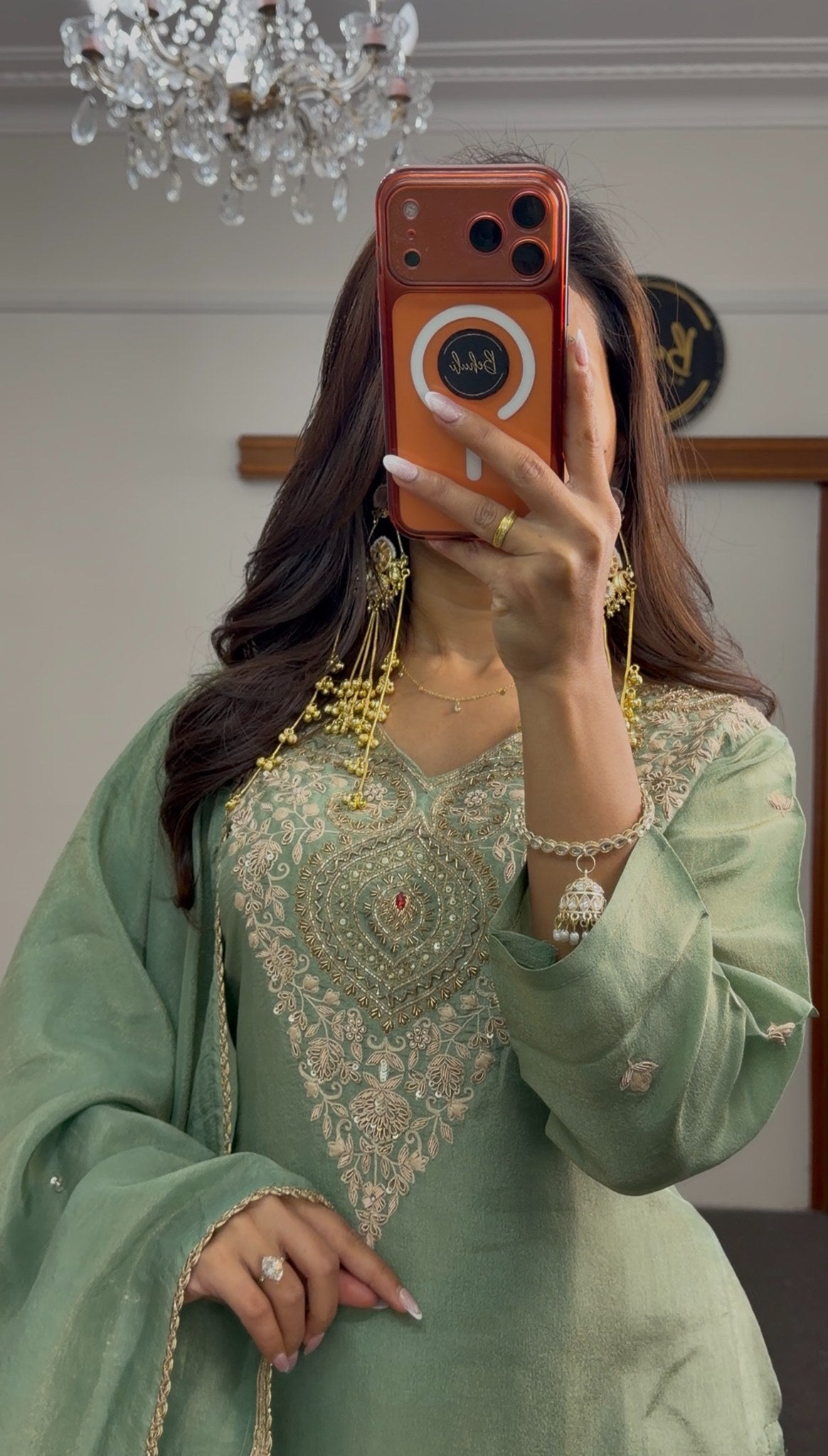 Sage green shimmer tissue silk palazzo suit set with gold embroidered neckline and matching dupatta — Behuli Australia — view 3