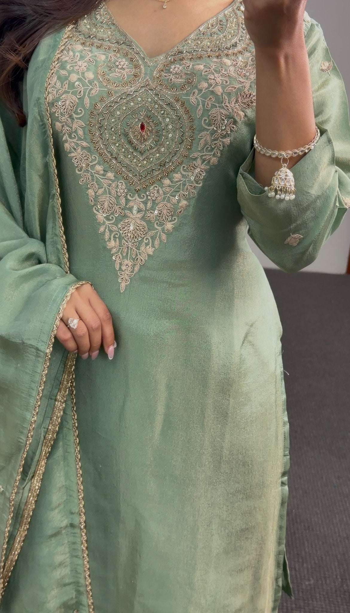 Sage green shimmer tissue silk palazzo suit set with gold embroidered neckline and matching dupatta — Behuli Australia — view 4