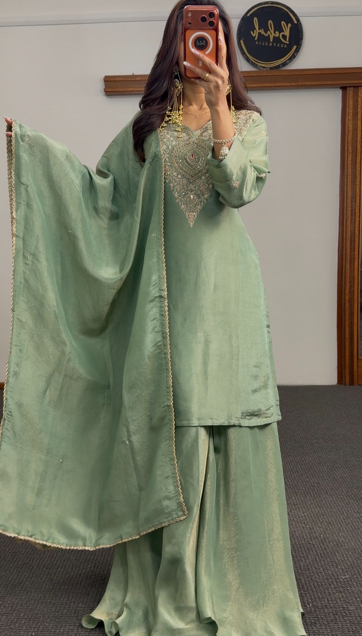Sage green shimmer tissue silk palazzo suit set with gold embroidered neckline and matching dupatta — Behuli Australia — view 5