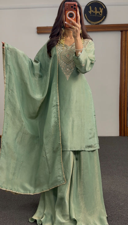 Sage green shimmer tissue silk palazzo suit set with gold embroidered neckline and matching dupatta — Behuli Australia — view 5