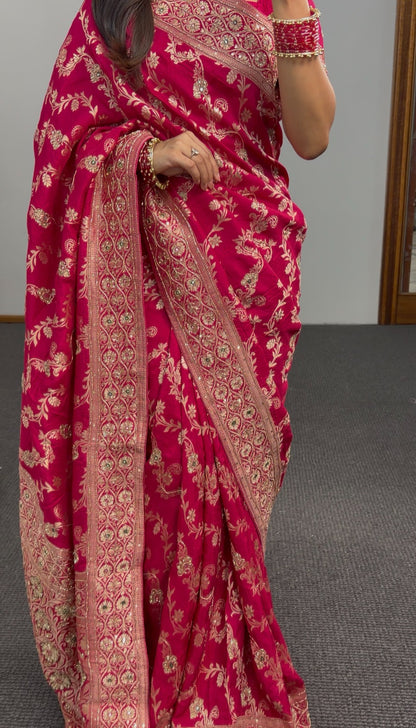 Magenta khaddi georgette saree with gold zari floral embroidery and embellished border worn with matching blouse — view 2