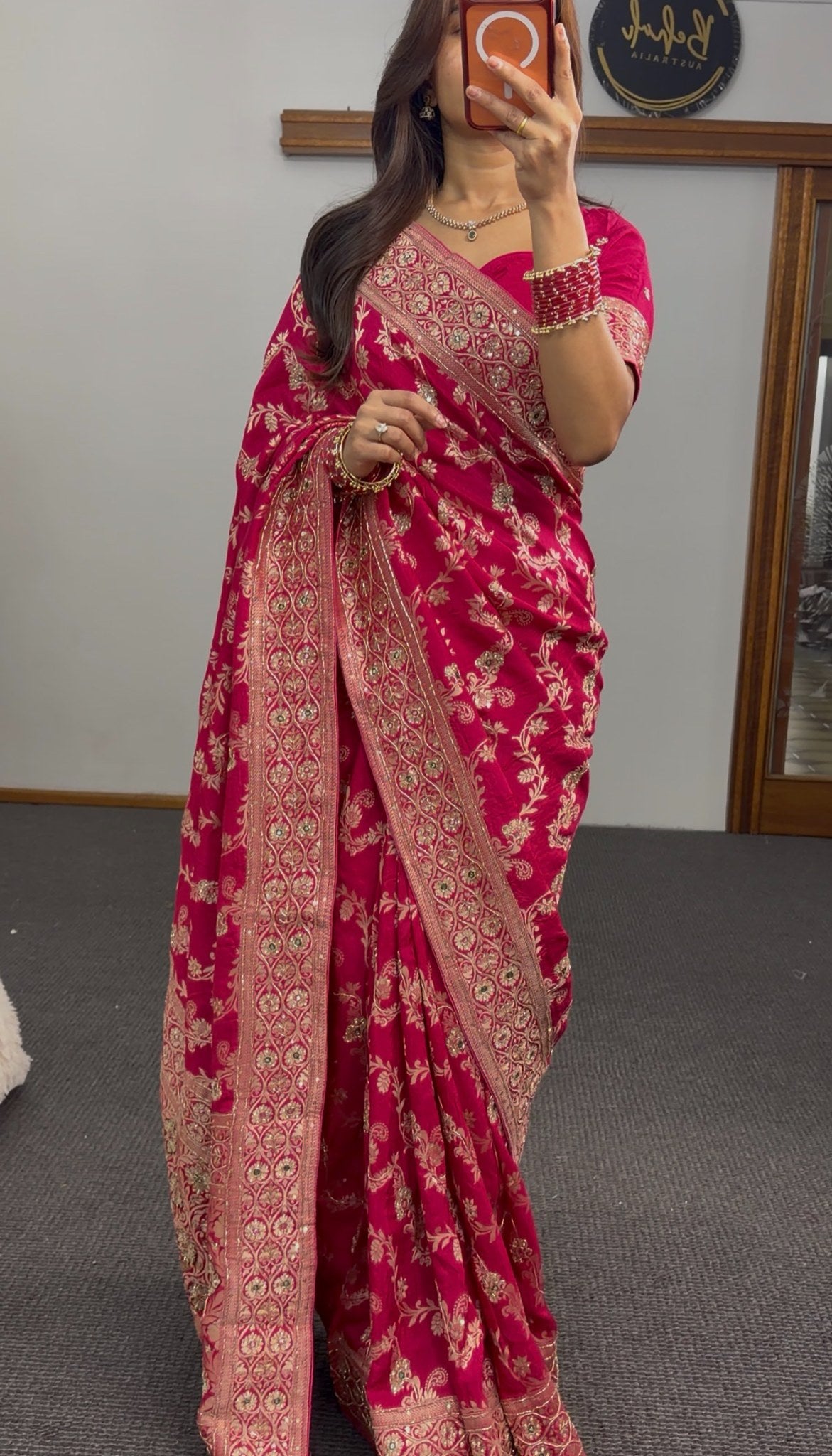 Magenta khaddi georgette saree with gold zari floral embroidery and embellished border worn with matching blouse — view 3