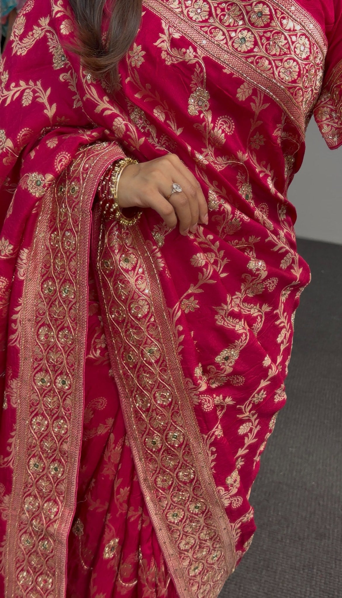Magenta khaddi georgette saree with gold zari floral embroidery and embellished border worn with matching blouse — view 4