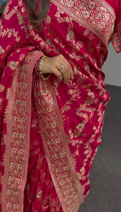 Magenta khaddi georgette saree with gold zari floral embroidery and embellished border worn with matching blouse — view 4