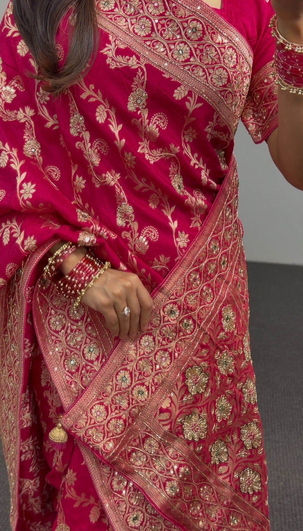 Magenta khaddi georgette saree with gold zari floral embroidery and embellished border worn with matching blouse — view 6