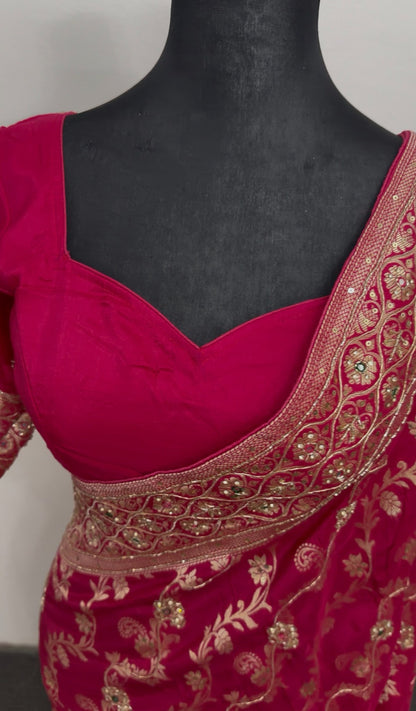 Magenta khaddi georgette saree with gold zari floral embroidery and embellished border worn with matching blouse — view 7